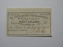 Load image into Gallery viewer, $40 1861 Confederate Bond Coupon Certificate Currency Bank Note Bill UNC