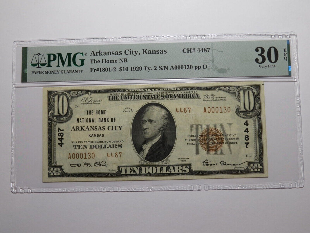 $10 1929 Arkansas City Kansas KS National Currency Bank Note Bill #4487 VF30 PMG