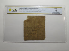 Load image into Gallery viewer, 1769 One Shilling Pennsylvania PA Colonial Currency Bank Note Bill RARE PCGS G6