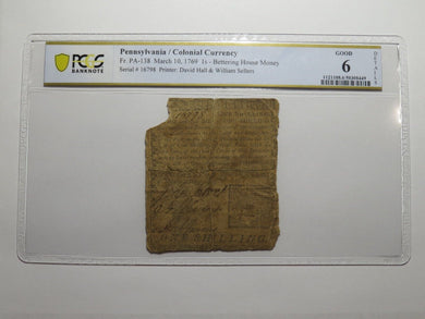1769 One Shilling Pennsylvania PA Colonial Currency Bank Note Bill RARE PCGS G6