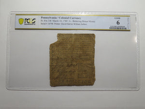 1769 One Shilling Pennsylvania PA Colonial Currency Bank Note Bill RARE PCGS G6