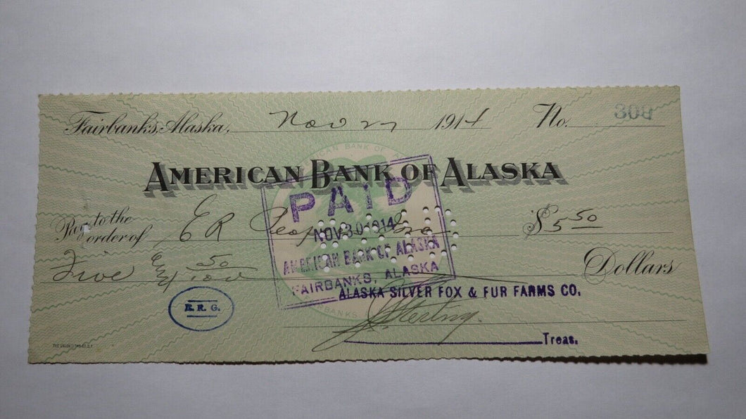 $5.50 1914 Fairbanks Alaska AK Cancelled Check! American Bank Of Alaska!