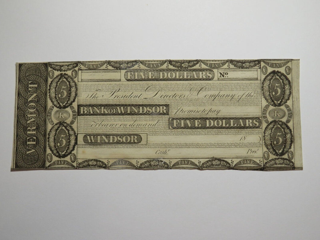 $5 18__ Windsor Vermont VT Obsolete Currency Bank Note Bill Remainder Rare UNC++