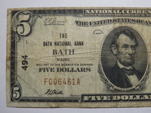 Load image into Gallery viewer, $5 1929 Bath Maine ME National Currency Bank Note Bill Charter #494 FINE USA