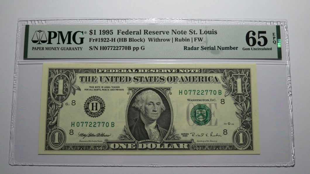 $1 1995 Radar Serial Number Federal Reserve Currency Bank Note Bill PMG UNC65EPQ