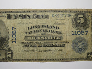 $5 1902 Hicksville New York NY National Currency Bank Note Bill Ch. #11087 RARE