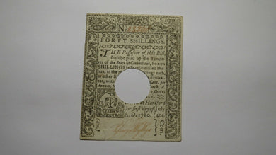 1780 40s Hartford Connecticut CT Colonial Currency Note Bill Forty Shillings!