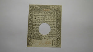 1780 40s Hartford Connecticut CT Colonial Currency Note Bill Forty Shillings!