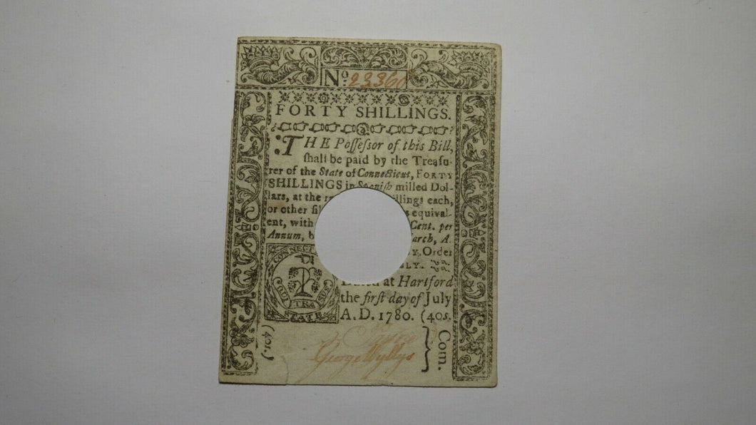 1780 40s Hartford Connecticut CT Colonial Currency Note Bill Forty Shillings!