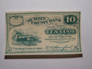 $.10 1862 Cuyahoga Falls Ohio OH Obsolete Currency Bank Note Bill Summit County