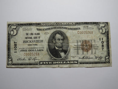 $5 1929 Hicksville New York NY National Currency Bank Note Bill Ch. #11087 RARE