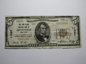 $5 1929 Hicksville New York NY National Currency Bank Note Bill Ch. #11087 RARE