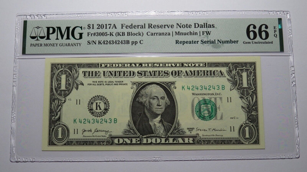 $1 2017 Repeater Serial Number Federal Reserve Currency Bank Note Bill PMG UNC66