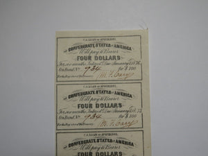 $4 1861 Confederate Bond Coupon Certificate Uncut Sheet Currency Bank Note Bill