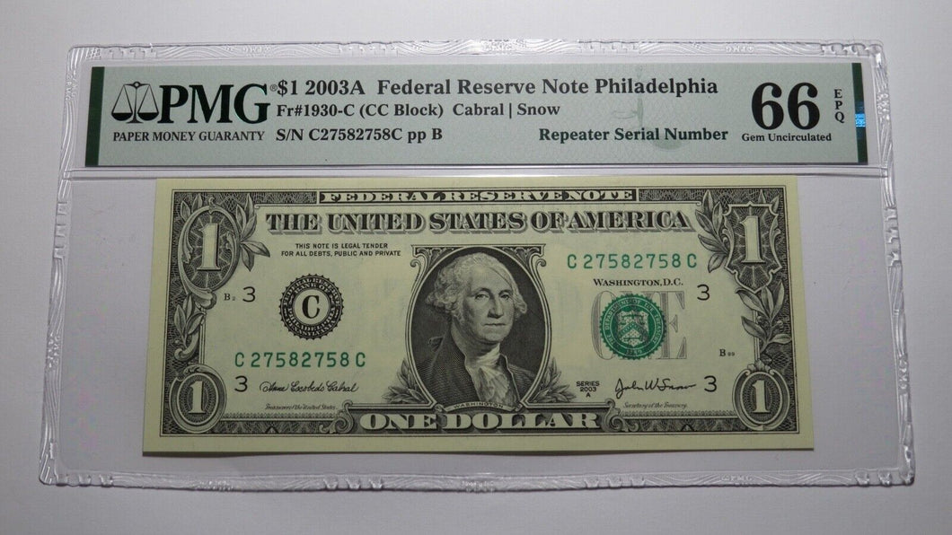 $1 2003 Repeater Serial Number Federal Reserve Currency Bank Note Bill PMG UNC66