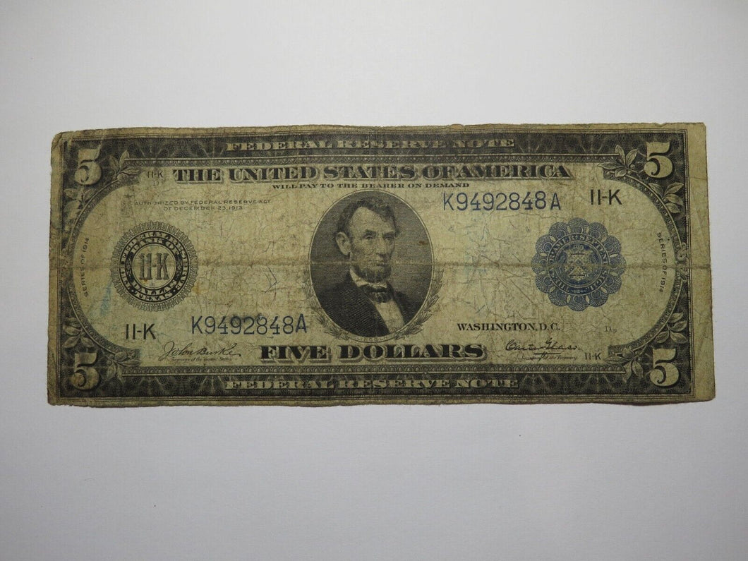 $5 1914 Dallas Texas TX Federal Reserve Large Bank Note Currency Bill Good