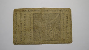 1777 Six Shillings Pennsylvania PA Colonial Currency Bank Note Bill 6s RARE