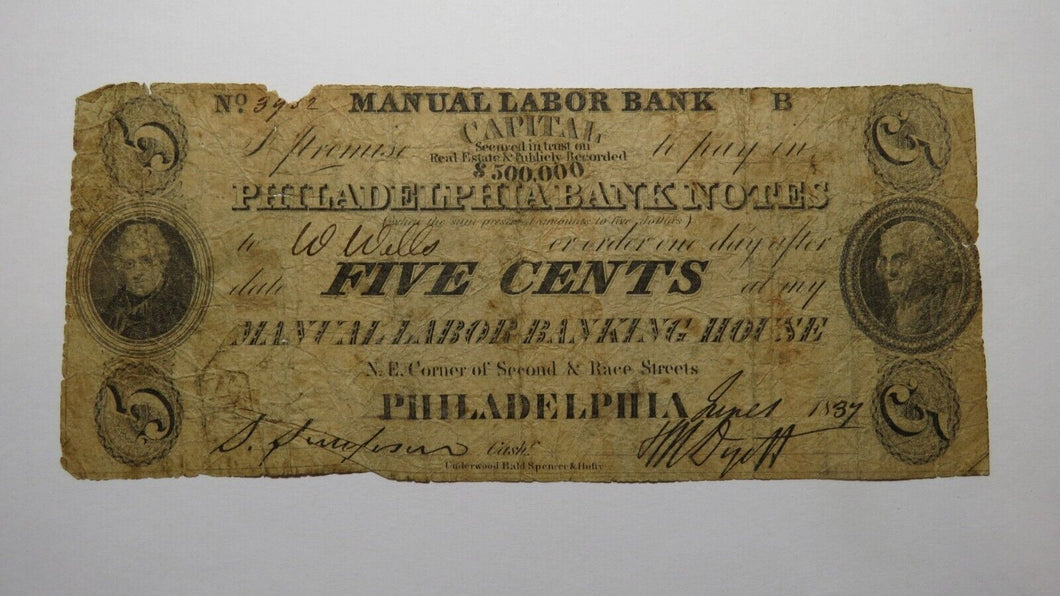 $.05 1837 Philadelphia PA Obsolete Currency Bank Note Bill The Manual Labor Bank