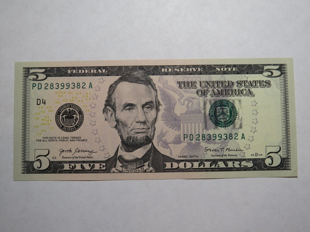 $5 2017 Radar Serial Number Federal Reserve Currency Bank Note Bill #28399382