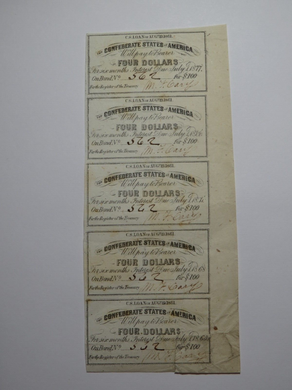 $4 1861 Confederate Bond Coupon Certificate Uncut Sheet Currency Bank Note Bill