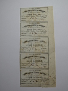 $4 1861 Confederate Bond Coupon Certificate Uncut Sheet Currency Bank Note Bill