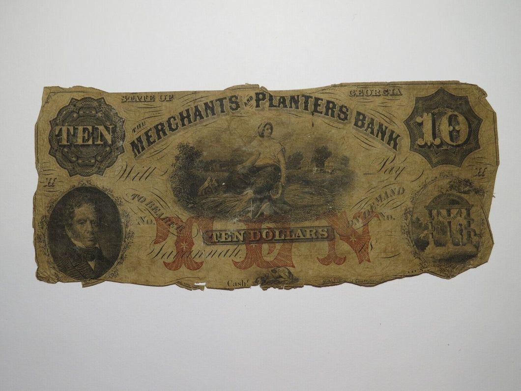 $10 1856 Savannah Georgia Obsolete Currency Bank Note Bill Merchants Planters