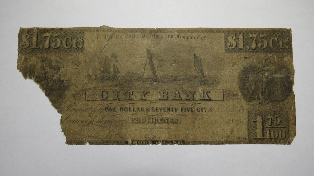 $1.75 1851 Providence Rhode Island RI Obsolete Currency Bank Note Bill City Bank