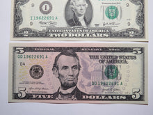 Load image into Gallery viewer, $2 2003 &amp; $5 2021 Matching Radar Serial Numbers Federal Reserve Bank Note Bills