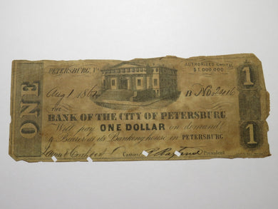 $1 1861 Petersburg Virginia VA Obsolete Currency Bank Note Bill City of Pete