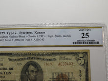 Load image into Gallery viewer, $5 1929 Stockton Kansas KS National Currency Bank Note Bill Ch. #7815 PCGS VF25