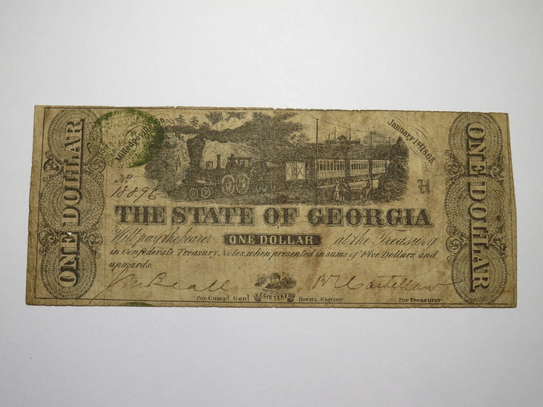 $1 1863 Milledgeville Georgia GA Obsolete Currency Bank Note Bill! State of GA