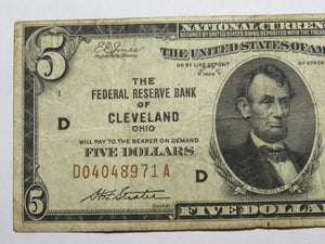 $5 1929 Cleveland Ohio OH National Currency Note Federal Reserve Bank FINE+
