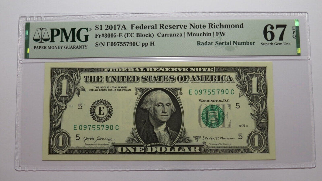 $1 2017 Radar Serial Number Federal Reserve Currency Bank Note Bill PMG UNC67EPQ