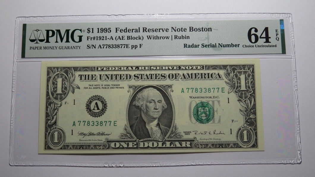 $1 1995 Radar Serial Number Federal Reserve Currency Bank Note Bill PMG UNC64EPQ