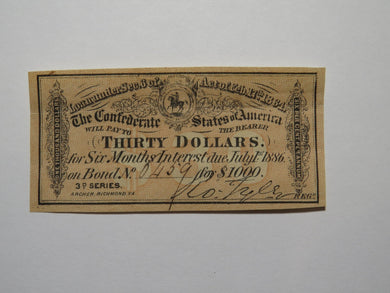 $30 1864 Confederate Bond Coupon Certificate Currency Bank Note Bill UNC