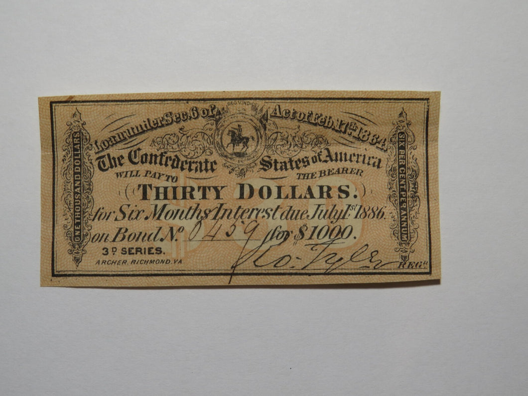 $30 1864 Confederate Bond Coupon Certificate Currency Bank Note Bill UNC
