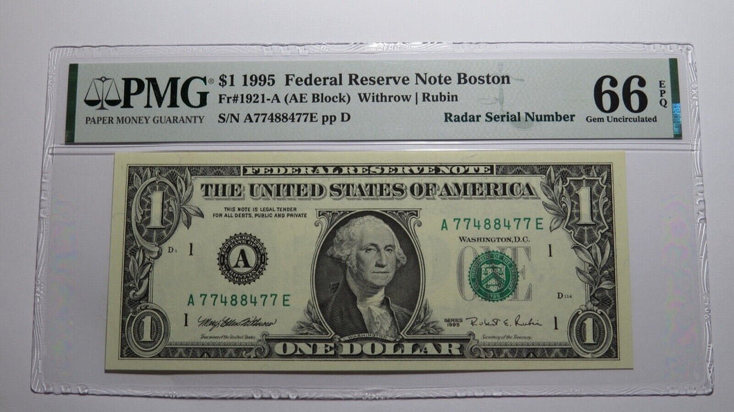 $1 1995 Radar Serial Number Federal Reserve Currency Bank Note Bill PMG UNC66EPQ