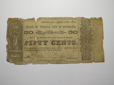 $.50 1862 Richmond Virginia Obsolete Currency Bank Note Bill State of VA! RARE