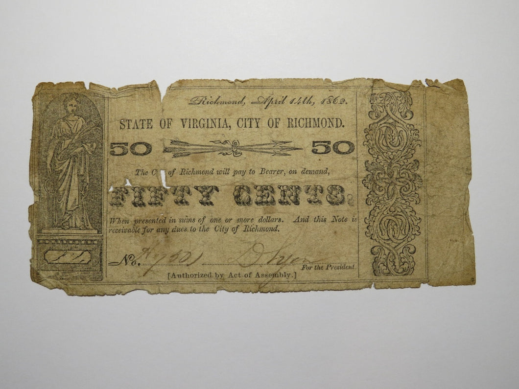 $.50 1862 Richmond Virginia Obsolete Currency Bank Note Bill State of VA! RARE