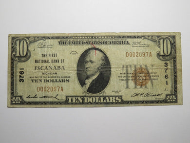 $10 1929 Escanaba Michigan MI National Currency Bank Note Bill Ch #3761 FINE