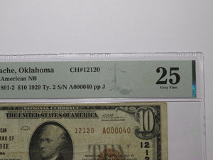 $10 1929 Apache Oklahoma OK National Currency Bank Note Bill #12120 VF25 PMG