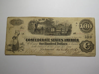 $100 1862 Richmond Virginia VA Confederate Currency Bank Note Bill RARE T40