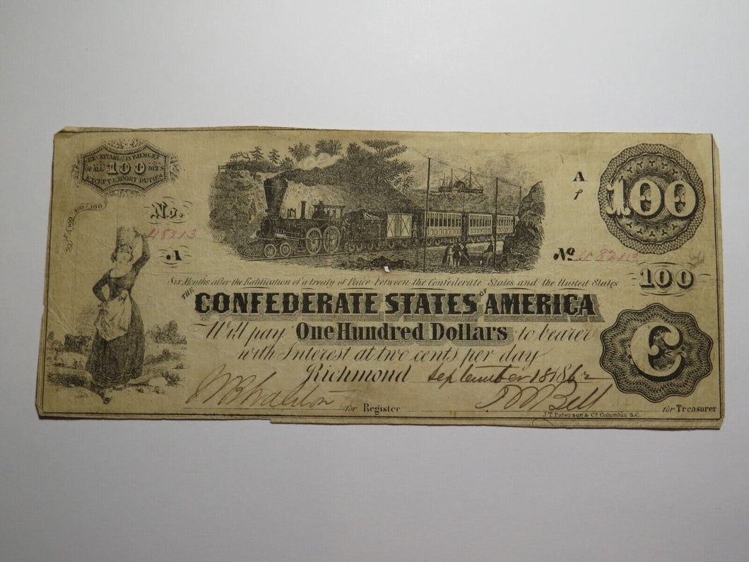 $100 1862 Richmond Virginia VA Confederate Currency Bank Note Bill RARE T40