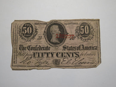 $.50 1863 Richmond Virginia VA Confederate Currency Bank Note Bill RARE T63