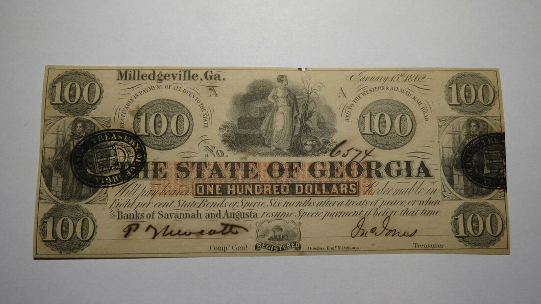 $100 1862 Milledgeville Georgia GA Obsolete Currency Bank Note Bill! AU+