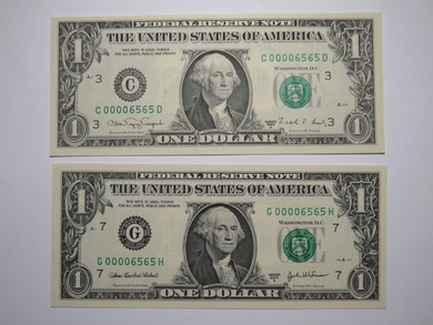 2 $1 1988 & 2003 Matching Low Serial Numbers Federal Reserve Bank Notes Repeater