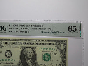 $1 2006 Fancy Repeater Serial Number Federal Reserve Currency Bank Note 33993399