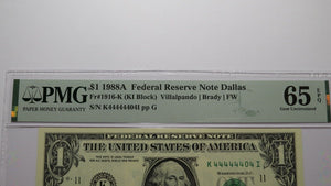 $1 1988 Near Solid Serial Number Federal Reserve Bank Note Bill UNC65 44444404