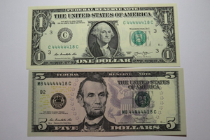 2 $1 & $5 2003 Matching Fancy Serial Numbers Federal Reserve Bank Note Bills UNC