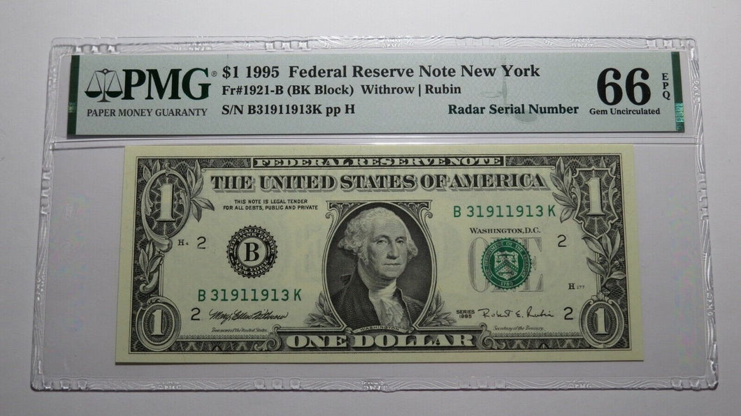 $1 1995 Radar Serial Number Federal Reserve Currency Bank Note Bill PMG UNC66EPQ